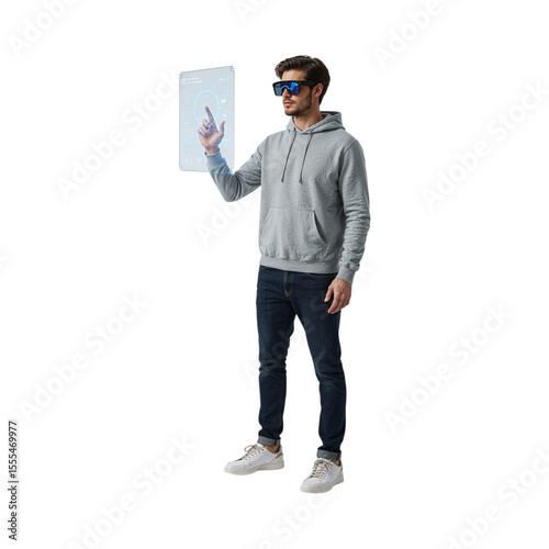 Man using futuristic augmented reality glasses and virtual screen