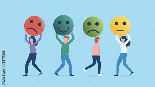 Diverse people holding smiley face icons representing different emotions and moods