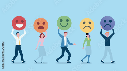Diverse people holding up different emotion faces showing customer satisfaction survey results