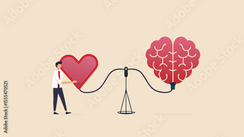 Man balancing heart and brain on a scale symbolizing emotional and intellectual equilibrium
