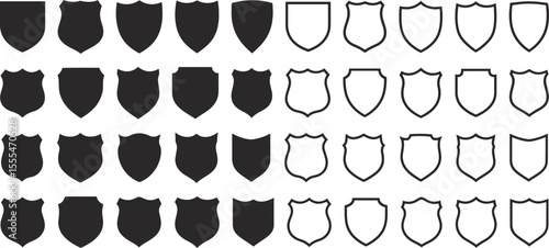 Shield Silhouettes & Outlines, Vector Icon Grid for Security & Heraldry Design.