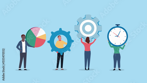 Diverse team members collaborate on business growth with data analysis and time management