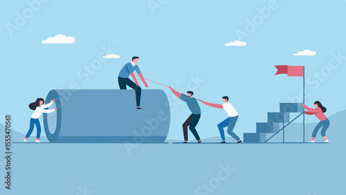 Teamwork and collaboration to move a large object towards a goal