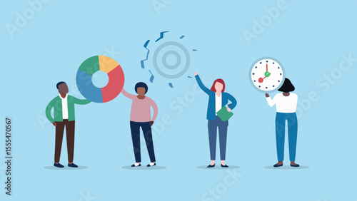 Diverse business team collaborates on project with pie chart clock and gears