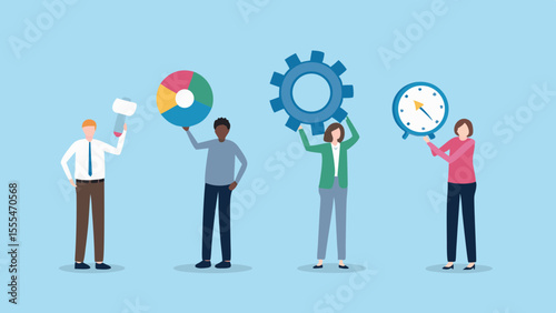Diverse team holding business symbols representing strategy planning and time management