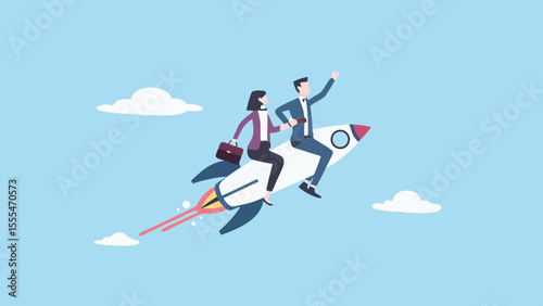 Business people riding a rocket ship soaring through the sky towards success