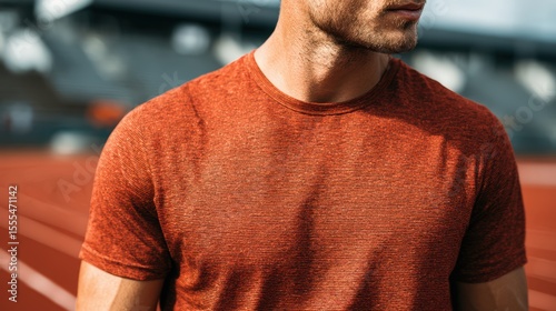 Athletic Man in Red Shirt on Running Track during Outdoor Sports Event