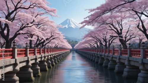A peaceful scene of a photorealistic closeup image of cherry blossom tree-long lined bridge stretching over a tranquil slow flowing pleasefull river