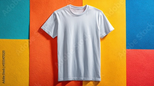 Plain White T-Shirt on Colorful Background with Textured Surface