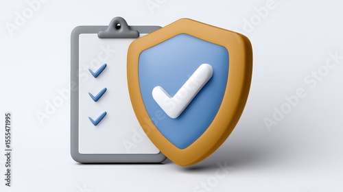 A Shield with checkmark symbolizes security and protection next to checklist on clipboard