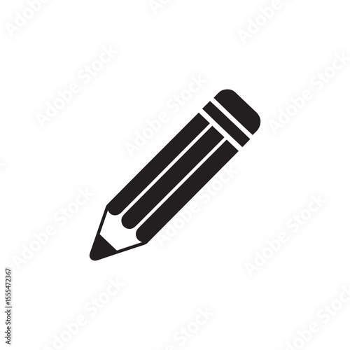 A simple black silhouette of a pencil with a sharpened tip and three stripes on the eraser end isolated on white background silhouette
