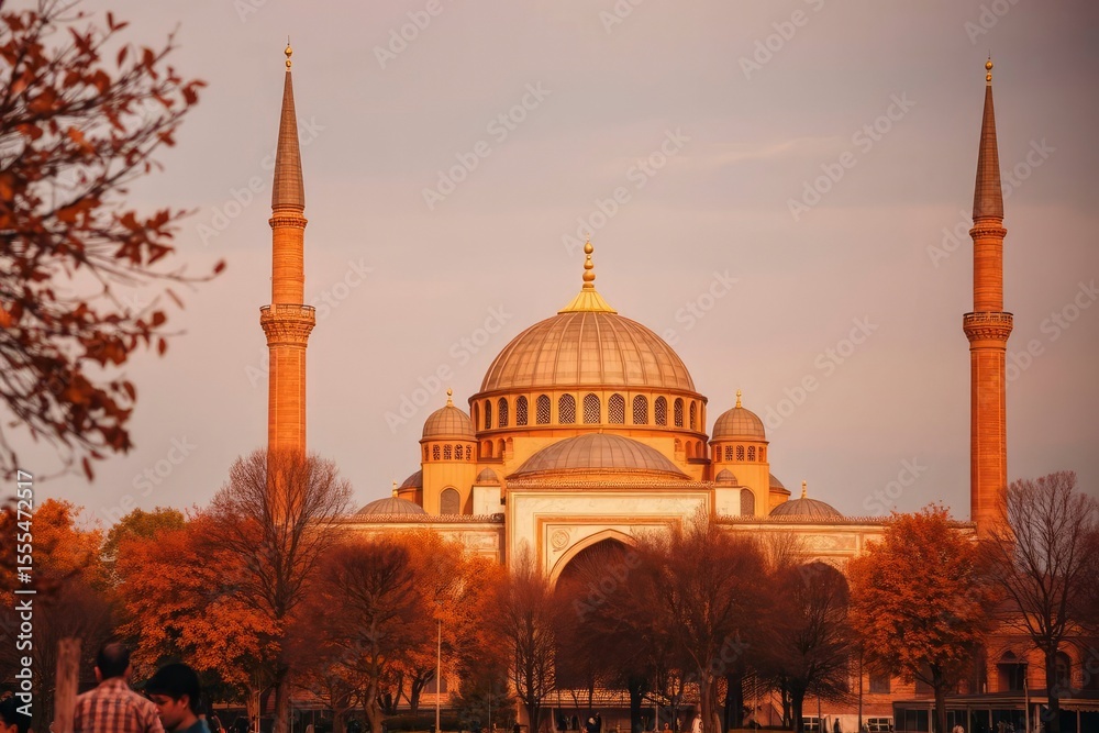 Obraz premium Mosque with minarets and domes against a pale sky partially framed by autumn trees