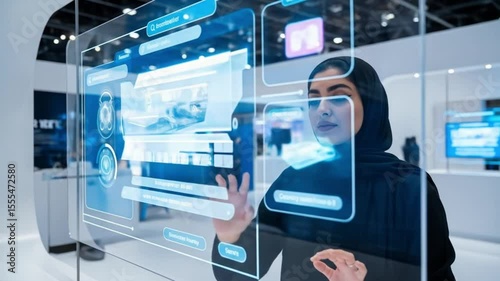 Arab Woman Interacting with Futuristic Holographic Display at Tech Conference