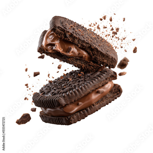 Cookies chocolate falling with choc flake in the air isolated on transparent background, dessert sweet concept, piece of dark biscuit