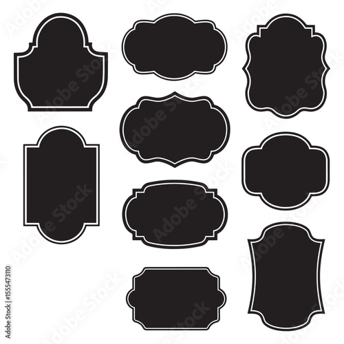 Collection of nine decorative black ornate frames and labels with unique shapes and borders isolated on white background silhouette