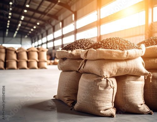 Coffee beans in burlap sacks in a large warehouse