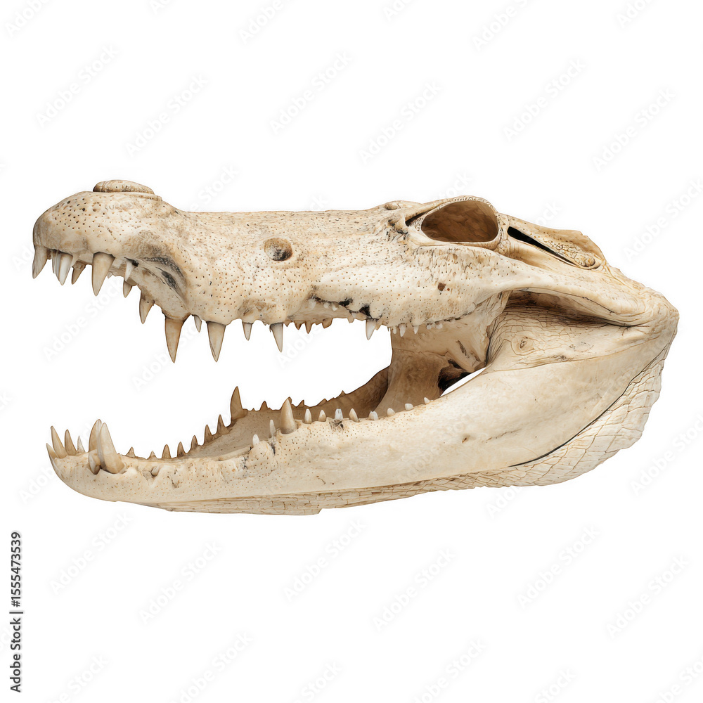 Obraz premium Crocodile skull with sharp fangs isolated on white background, Crocodile or Alligator skull isolated on white and transparent background