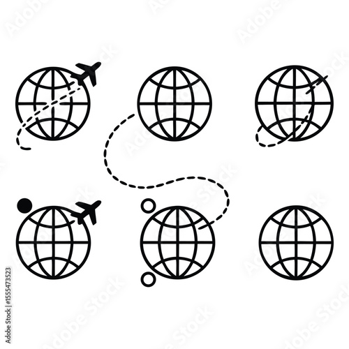 Six outlined globe icons, some with dashed lines and airplane symbols representing travel routes.