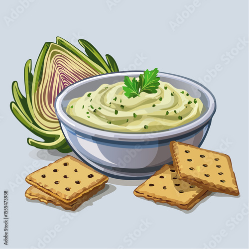 Artichoke dip in a bowl with parsley garnish, crackers and artichoke half