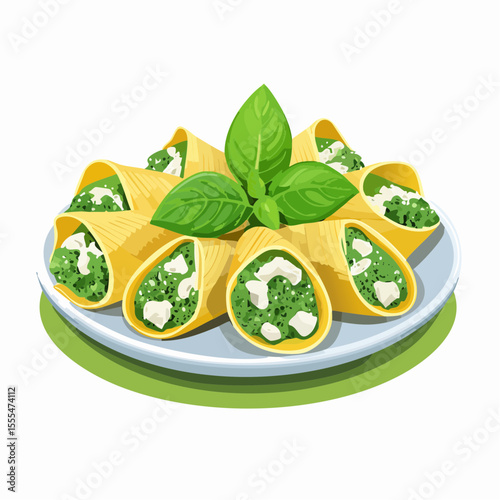 Cannelloni pasta rolls filled with spinach and ricotta cheese, garnished with basil leaves