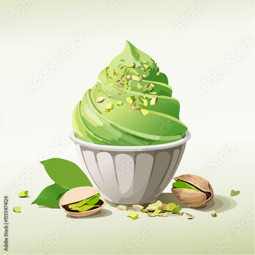 Stylized Pistachio Ice Cream Swirl in a Bowl with Nuts and Leaf Detail