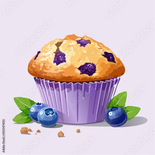 Delicious blueberry muffin with purple paper cup and fresh blueberries