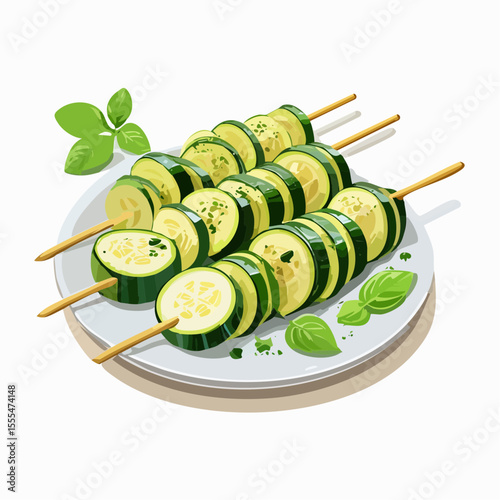 Zucchini Skewers with Basil Leaves on a White Plate, Fresh and Appetizing