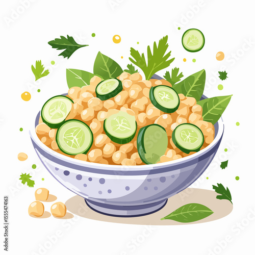 Chickpea and Cucumber Salad in a Dotted Bowl with Herb Garnish