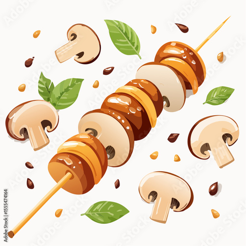 Skewered mushroom slices with basil leaves and scattered seeds, artistic illustration