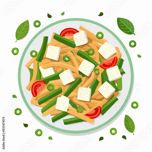 Pasta salad with tofu, tomatoes, green beans and olives on a plate