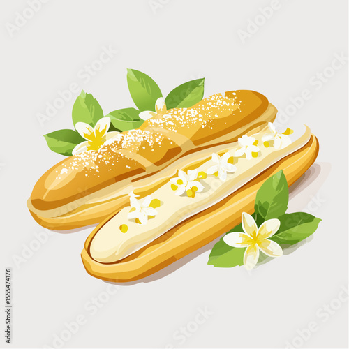 Two golden eclairs, one dusted with sugar, adorned with cream and flowers