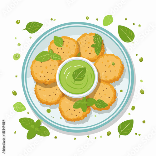 Crispy fritters arranged around a vibrant green dipping sauce with basil leaves