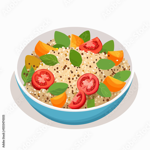 Quinoa salad with tomatoes, basil, and apricot slices in a blue bowl