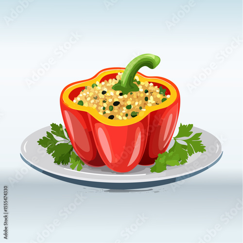 Stuffed Red Bell Pepper with Quinoa and Black Beans on a Plate