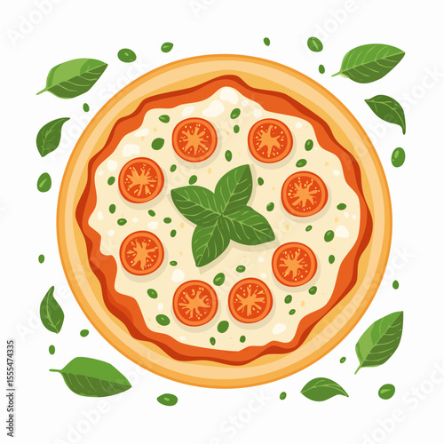 Freshly Baked Pizza with Tomato Slices and Basil Leaves Illustration