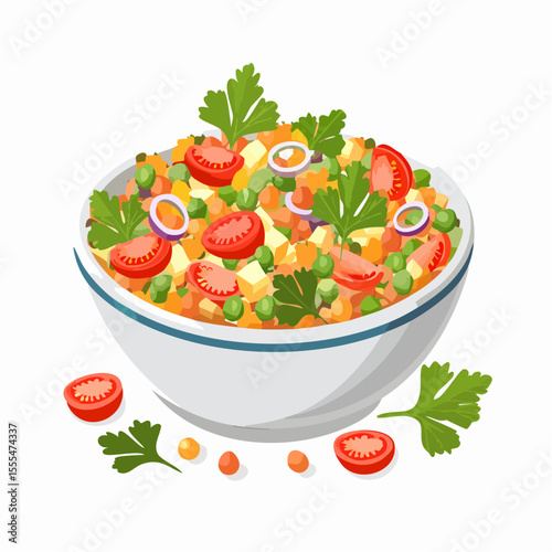 Vibrant Olivier Salad in a Bowl with Tomato Garnish and Parsley Sprigs