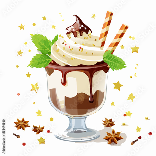Whimsical Sundae with Chocolate Drizzle, Mint Sprigs, and Starry Accents