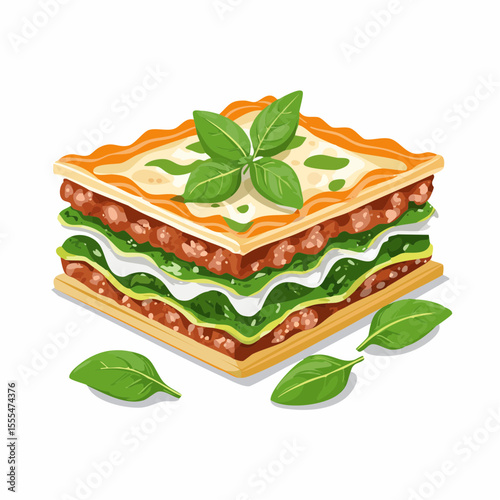 Square Lasagna Stack with Basil Leaves and Orange Crust Detail