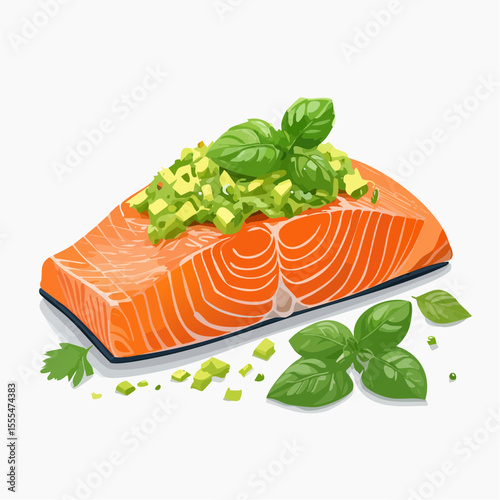 Salmon fillet topped with avocado salsa and fresh basil leaves illustration