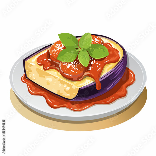 Eggplant Parmigiana Slice with Tomato Sauce and Basil on a White Plate