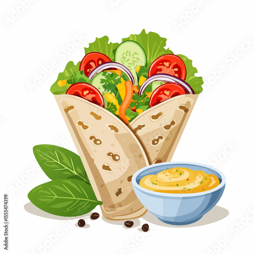 Colorful Vegetable Wraps with Hummus, Featuring Lettuce, Tomato, Cucumber, and Red Onion