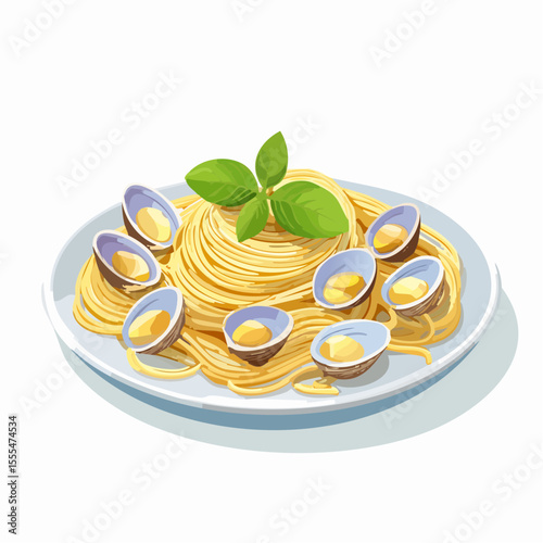 Spaghetti alle Vongole Artwork with Fresh Basil and Open Clams on Plate