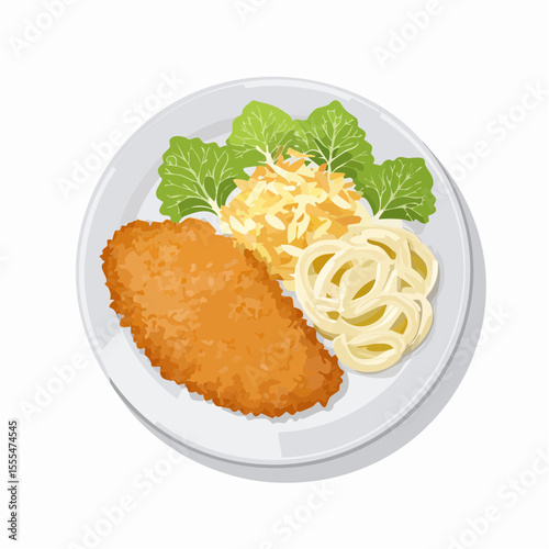 Crispy breaded cutlet with shredded cabbage, lettuce and mayonnaise swirls on a white plate