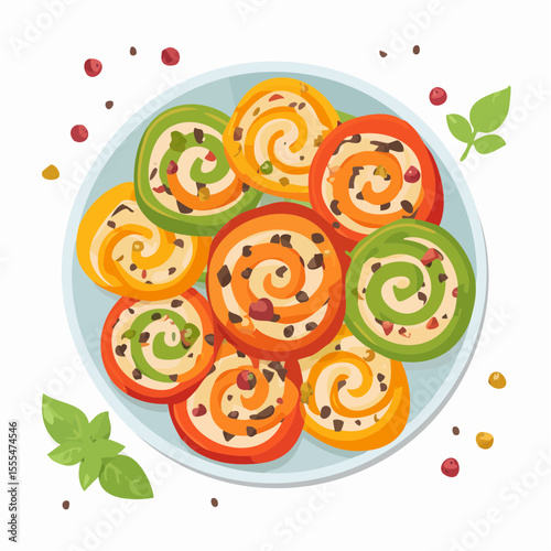 Colorful Pinwheel Appetizers on a Plate with Basil and Scattered Spices