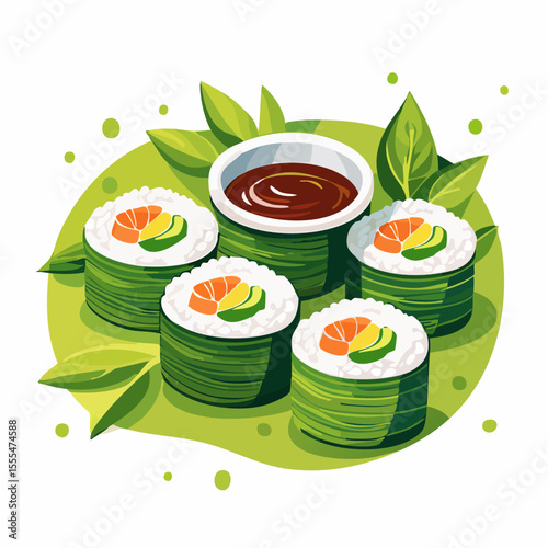 Vibrant Sushi Rolls with Soy Sauce, Avocado, and Salmon Roe Topping