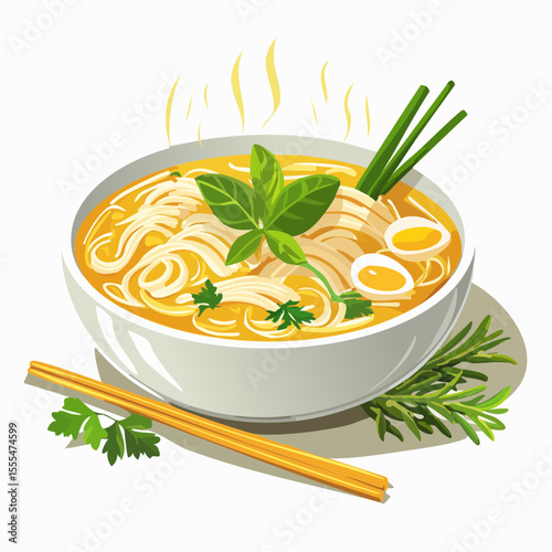 Steaming bowl of noodle soup with basil, scallions, and halved eggs