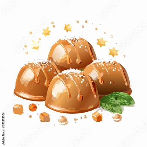 Stylized Bundt Cakes with Caramel Drizzle, Sprinkles, Candies, and Mint Leaves