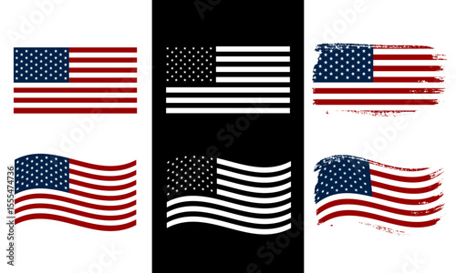American flag set. USA Flag waving, flat, and grunge set. Isolated on white and black color.