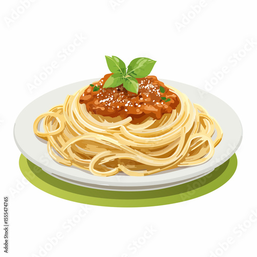 Spaghetti Bolognese with Basil and Parmesan on a White Plate Illustration