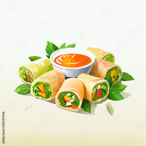 Fresh spring rolls with vibrant vegetables and dipping sauce, garnished with basil leaves
